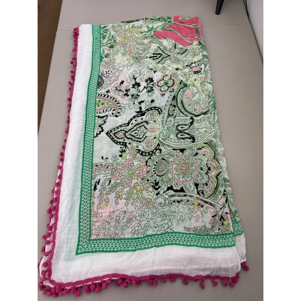 Shiraleah Chicago Paisley Palm Print Pink Green Pom Pom Trim Viscose Swim Cover
